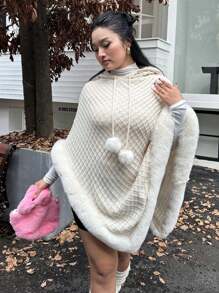 Celure Popular Bestselling Plus Size Women Elegant Warm Element Fuzzy Soft Warm Asymmetrical Hem Hooded Sweater Cape With Handmade Fringe/Pom Pom Accent