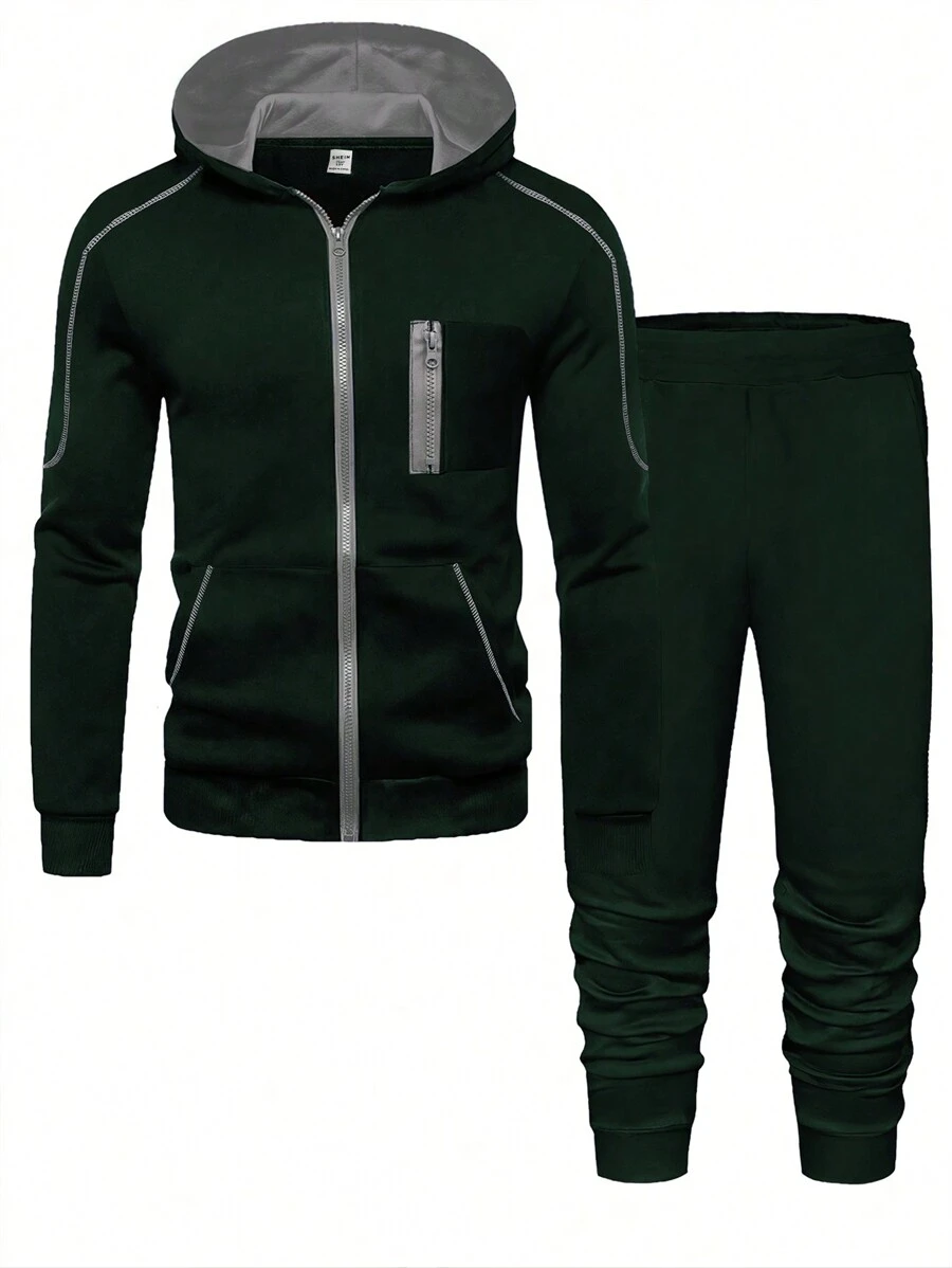 SHEIN 青少年男孩品牌极简主义冷酷个性纯灰色连帽衫，秋季运动休闲百搭针织服装 - 墨綠色 - 查看 1