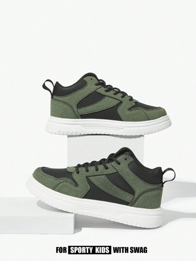 JNSQ 1 Pair Black & Green Kids Casual PU Leather & Faux Suede High-Top Sneakers, Durable Outdoor Sports Shoes