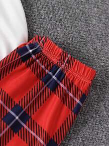 2pcs Tween Boys Minimalist Cute Christmas Bear Print Short Sleeve Top And Red Black Plaid Pants Pajamas Set, Comfortable Home Wear - White - View 5