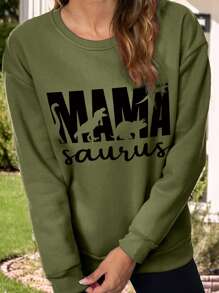 SHEIN LUNE Mama Saurus Mother's Day Sweatshirt, Funny Mother's Day Gift,Mother Birthday Gift,Gift For Mom,Long Sleeve Tops Pullover Fall - Army Green - View 3