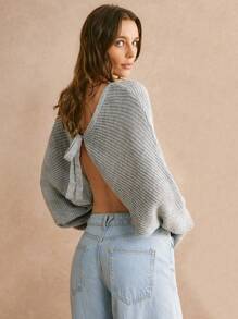 Poéselle Back-Tie Minimalist Design Backless Long Puff Sleeves Sweater,Light Grey Autumn Casual Date Women Sweaters Dresses Winter Fall Clothes Cute Tops - Grey - View 4