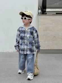 SHEIN 2pcs/Set Young Boys Casual Plaid Patchwork Hooded Cardigan Long Sleeve Top & Distressed Denim Pants Outfit,Suitable For Street Outdoor Autumn Spring - Black and White - View 1