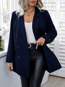 Calvaya Áo khoác Blazer màu trơn thời trang công sở cỡ lớn tay dài cài nút cổ tay kép cài nút - Màu xanh hải quân - Xem 6