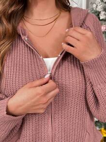 SHEIN Privé Áo khoác len cardigan dáng rộng thoải mái, màu hồng và đỏ tía, tay dài có mũ trùm đầu, thanh lịch, đi làm, đi chơi ngày lễ - Gỗ đỏ - Xem 6