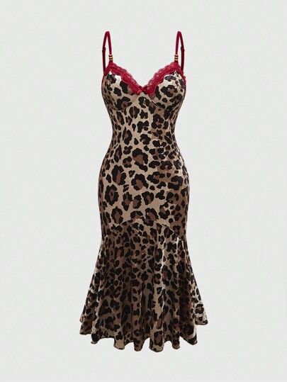 Grunge Punk Vintage Y2K Gyaru Leopard Patchwork Ruffle Hem Cocktail Dress For Women, For New Year