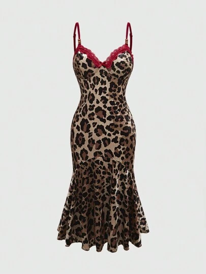 ROMWE Grunge Punk Vintage Y2K Gyaru Leopard Patchwork Ruffle Hem Cocktail Dress For Women, For New Year