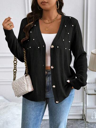 Vionelle Damen Große Größen Strickjacke mit einfarbigem, teilweise Perlmutter-Rautentextür, für Herbst/Winter