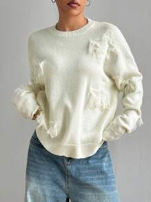 SHEIN Unity 女士时尚星形图案圆领落肩长袖休闲毛衣，秋冬针织套头衫 - 白色 - 查看 4