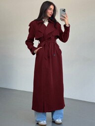 Aloruh New Windproof Coffee Color Versatile Extra Long Cinched Waist Double Breasted Decorative Button Down Trench Coat With Oversized Collar, British Style In Fall/Winter