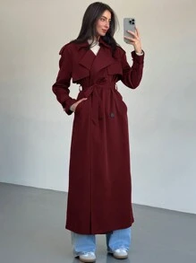 Aloruh Neuer winddichter Kaffeefarbe vielseitiger extra langer Taillengürtel Doppelreiher Dekorknopf Trenchcoat mit Oversized Kragen, britischer Stil für Herbst/Winter