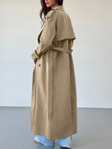 Aloruh 秋冬新款保暖防风咖色百搭加长收腰双排扣装饰英伦风大翻领风衣 - 卡其色 - 查看 5