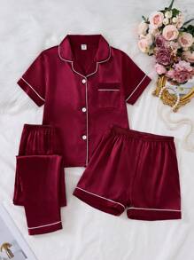 Conjunto de 3 piezas de pijama para niña preadolescente - Pantalón largo de tela de color rosa claro sólido, shorts y blusa de manga corta con cuello, conjunto casual para el hogar