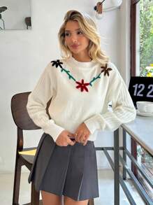 Women Solid Color Hairy Yarn Flower Accessory Detailed Pullover - White - View 2