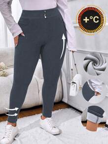 Calvaya 大码女式纽扣腰部口袋设计保暖内衬紧身休闲紧身裤 - 灰色 - 查看 1