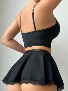 5 件/套性感内衣：修身吊带背心、丁字裤、吊袜带裙、2 件长袜、外出派对装、坏人造型 - 黑色 - 查看 2