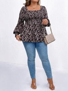 SHEIN LUNE Plus Size Square Neckline Long Sleeve Floral All-Over Print Top, Casual Everyday Wear - Multicolor - View 3