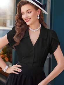 Vintamour Vintage Elegant Women's Fitted Cutout Collar Black Blouse,Summer Tea Party Teacher Tops Old Money Aesthetic Business Casual Hollowed Blouse - Black - View 3