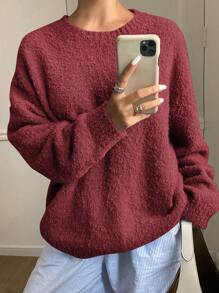 DAZY 1pc Women Solid Color Loose Long Sleeve Crew Neck Sweater,Fall Women Clothes - Red - View 6