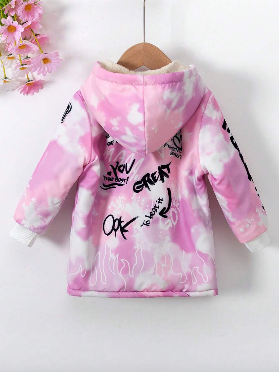 女童潮流别致街头涂鸦时尚可爱英文字体毛绒保暖夹克秋冬季 - 粉色 - 查看 1