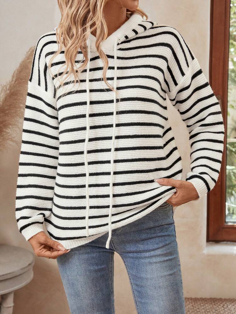 Women's Casual Stripe Pattern Drop Shoulder Loose Drawstring Hooded Sweater Fall Women Outfits