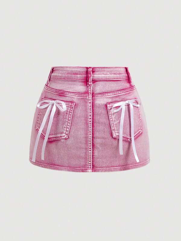 SHEIN MOD Falda corta informal de mezclilla con decoración de lazo para mujer