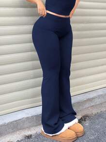 Leggings Evasê com Cintura Virada Para Baixo em Cor Sólida para Mulheres Plus Size