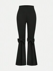 SHEIN 2 件套 Tween 女童针织紧身秋冬套装 - 紧身喇叭袖蕾丝褶皱上衣，带蝴蝶结装饰的针织喇叭裤，休闲优雅时尚 Tween 女童装 - 黑色 - 查看 9