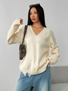 SHEIN Unity Suéter casual de unicolor con mangas raglán desgastado, para otoño/invierno, jersey de punto de otoño - Albaricoque - Ver 5