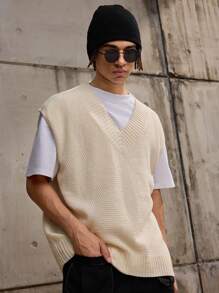 Forever 21 Men's Casual Style Relaxed Super Oversized Knitted Sweater Vest In ,Suitable For Autumn And Winter Wear - Beige - View 1