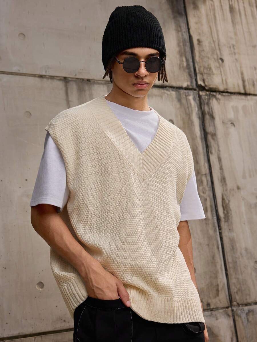 Forever 21 Men's Casual Style Relaxed Super Oversized Knitted Sweater Vest In ,Suitable For Autumn And Winter Wear - Beige - View 1