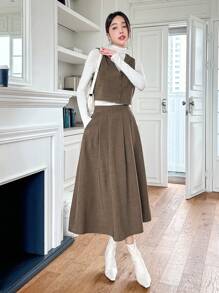 DAZY 2pcs Solid Color PU Vest & Skirt Set For Women,Fall Clothes - Coffee Brown - View 7
