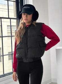 SHEIN EZwear Jednolita kolorowa kurtka puchowa z zamkiem błyskawicznym z przodu, bez rękawów, swobodna, codzienna odzież