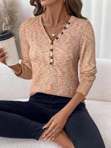 EMERY ROSE 1 Stück Damen Batik-Knopf-Design V-Ausschnitt Langarm Lässig T-Shirt