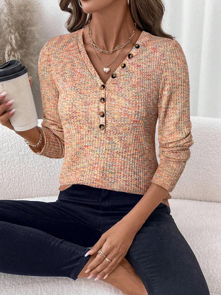 EMERY ROSE 1 件女式扎染纽扣设计 V 领长袖休闲 T 恤 - 橘色 - 查看 1