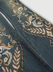 ROMWE Hippie 夏季音乐会节日复古嬉皮西部波西米亚风花卉刺绣修身喇叭低腰牛仔裤