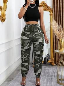 High Waist Camouflage Cargo Pants For Women, American Vintage Loose Fit Drawstring Waist Pockets Casual Trousers, Spring/Autumn Elegant - Army Green - View 5