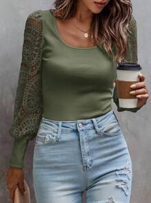 SHEIN LUNE Áo cánh ren tay đèn lồng cổ tròn trơn mùa thu cho nữ thanh lịch - xanh quân đội - Xem 5