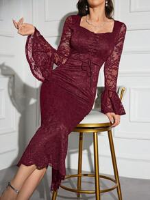 Modelyn Burgundy Red 1pc Women's Square Neck Lace Patchwork Pleated Elegant Long Sleeve Dress Long Evening Dresses