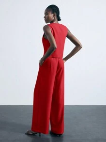 Maija 女士纯色单排扣背心和褶皱裤套装，休闲通勤商务套装，适合所有季节 - 紅色 - 查看 4