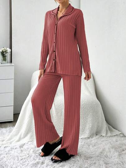 RueChic Set Open Front Contrast Stitching Ribbed Pajama view 4