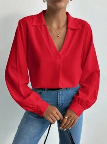 EURMUSE Turn-down Collar Casual Shirt - Red - View 4