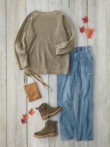 SHEIN LUNE Plus Size Casual Solid Color Raglan Sleeve Sweater, Autumn & Winter Knit Pullover Fall - Khaki - View 2
