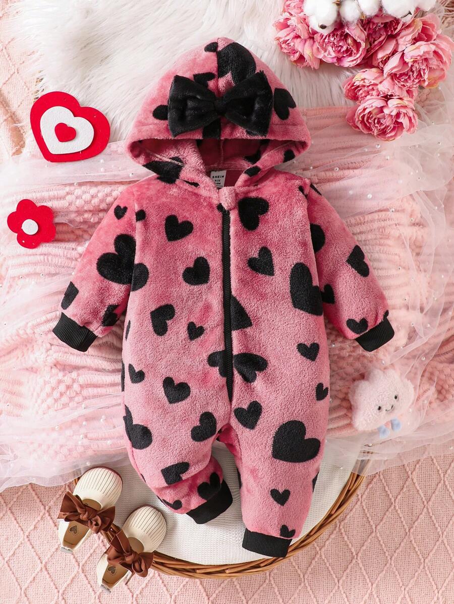 Baby Girl's Casual Heart Printed Zip Up Hooded Jumpsuit With Bow Decor, Fall/Winter - Pink - View 1