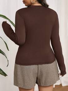 SHEIN Frenchy Plus Size Plain Brown Crew Neck Long Sleeve Basic T-Shirt - Coffee Brown - View 2