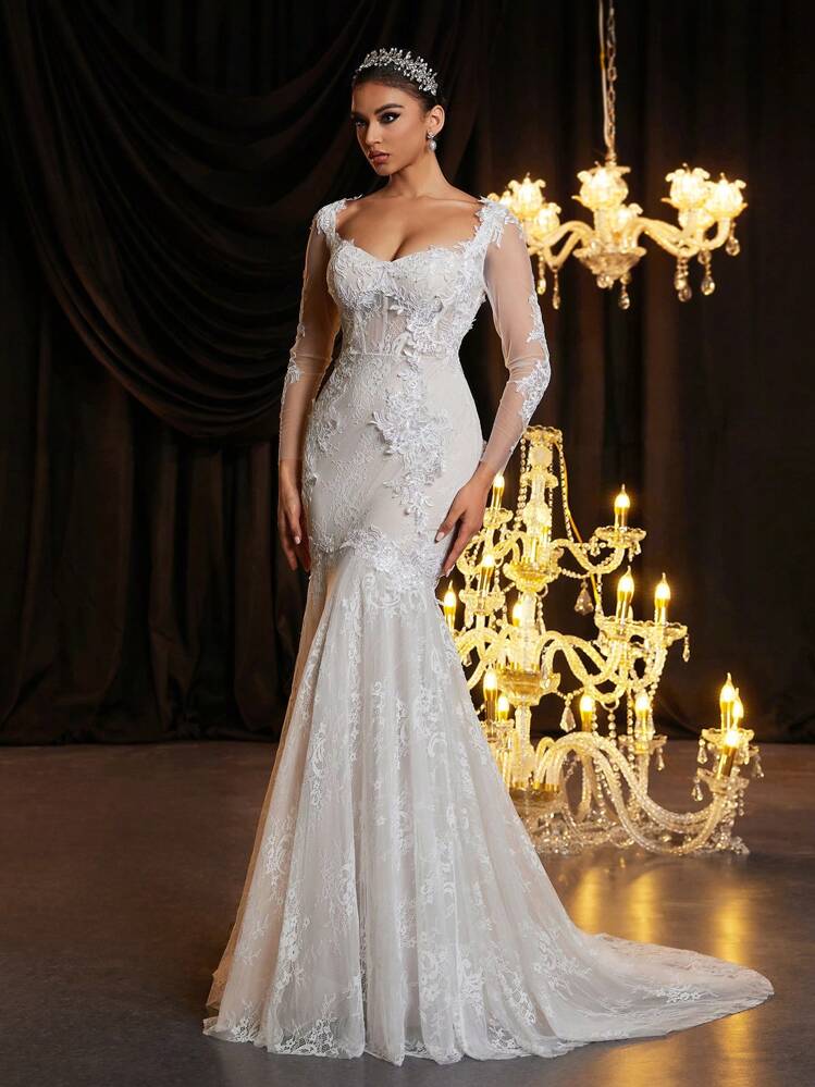 Glamrae Elegante y lujoso vestido de novia de encaje francés clásico, con escote en V, espalda descubierta, transparente, con volantes de espina de pescado y cola de pez, de manga larga, para el Día de San Valentín - Beis - Añade 6