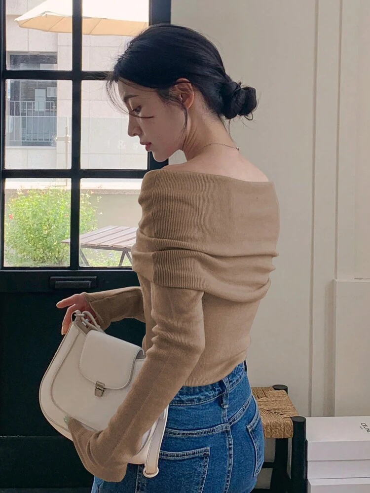 Suéter de Gola Alta Ajustado de Ombro Caído de Cor Sólida para Mulheres, Suéter de Ombro Caído de Outono, Blusas de Manga Longa, Roupas Femininas de Outono