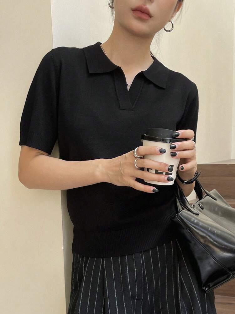 Women's Casual Solid Color Minimalist Short Sleeve Knitted Top For Summer & Autumn