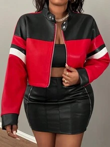Slaydiva 大码街头摩托车双色 PU 夹克，短款长袖秋冬 - 彩色 - 查看 3