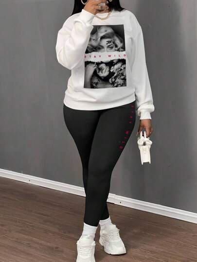 Slaydiva 2pcs Sexy Blonde Girl Graphics Casual Round Neck Sweatshirt + Form-Fitting Black Leggings Set, Autumn/Winter